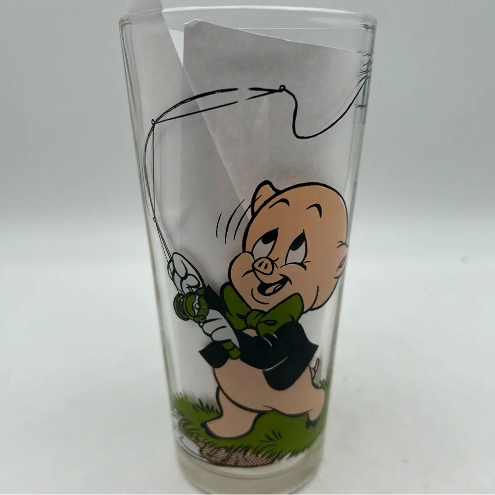 Porky Pig & Taz Tasmanian Devil Looney Tunes Glass 1976 Pepsi Collector Fishing - Picture 6 of 12